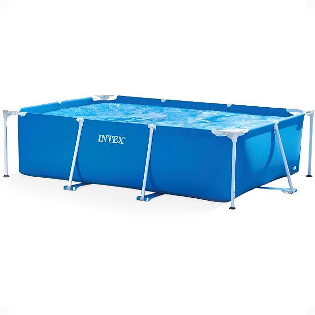Blaues rechteckiges Intex-Metal-Frame-Becken auf einem Gestell aus verzinktem Stahlrohr, 300 auf 200 cm und 75 cm hoch
