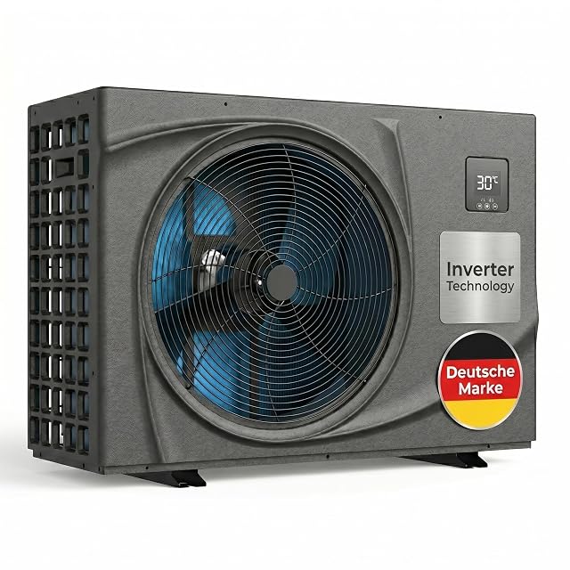 poolomio-Full-Inverter-Poolwärmepumpe mit 50-Millimeter-Hydraulikanschlüssen und Antivibrationsblöcken