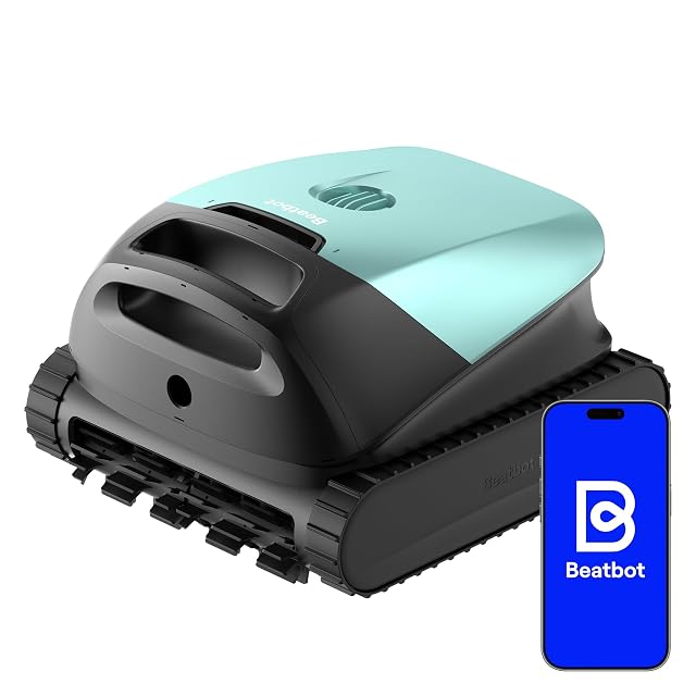 Mintgrüner Beatbot-Sora-10-Poolroboter beim Reinigen der Wasserlinie eines Beckens