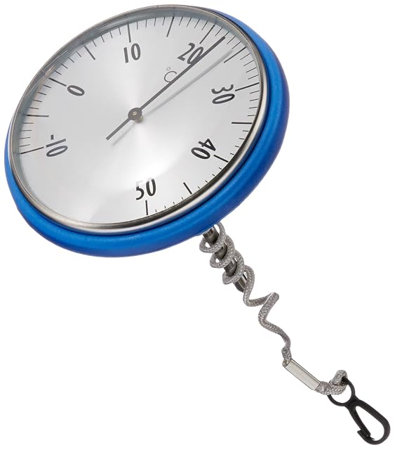 Blaues TFA Dostmann Analog-Poolthermometer aus Edelstahl mit Schwimmring und Schnur