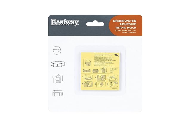 Zehn selbstklebende wasserdichte Bestway Reparaturflicken, jeder 6,5 mal 6,5 Zentimeter