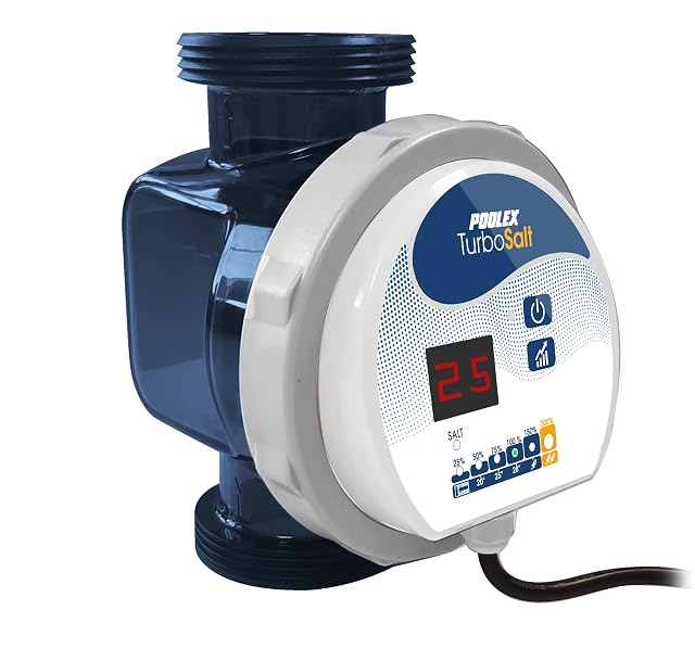 Kompaktes POOLEX-Turbo-Salt-Elektrolysegerät, neben einer Beckenfilteranlage montiert