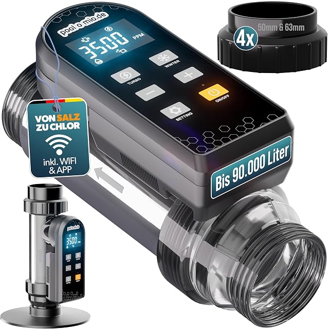 poolomio-LCA200-Chlorinator mit Titanzellengehäuse und app-gesteuertem Feld in einem Becken-Technikraum