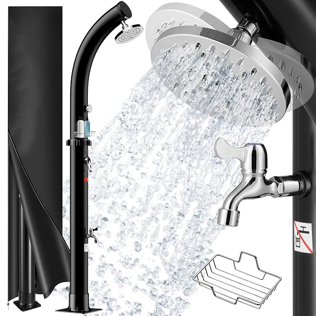 Gebogene Monzana-BOW-Solardusche mit 20-Liter-Tank und Regenduschkopf