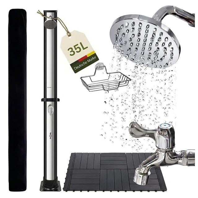 Schwarz-silberne novaterra-Solardusche mit Regenkopf, Ablage und Fußdusche