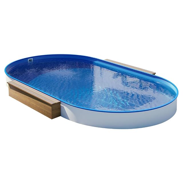 Ovales POOL-Total-Stahlwandbecken von 4,50 mal 2,50 Metern mit Kunststoffhandlauf und blauer Folie