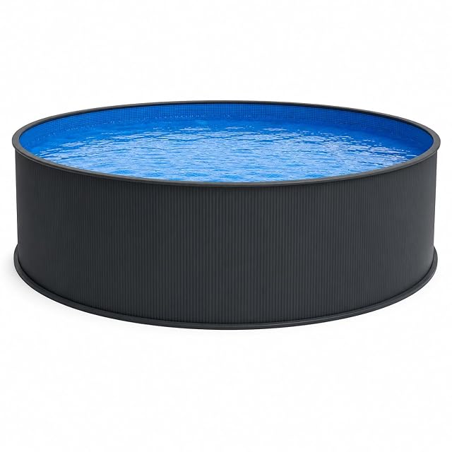 Großes anthrazitfarbenes poolomio-Stahlwandbecken mit 550 cm Durchmesser und 120 cm Tiefe mit blauer Einhängefolie